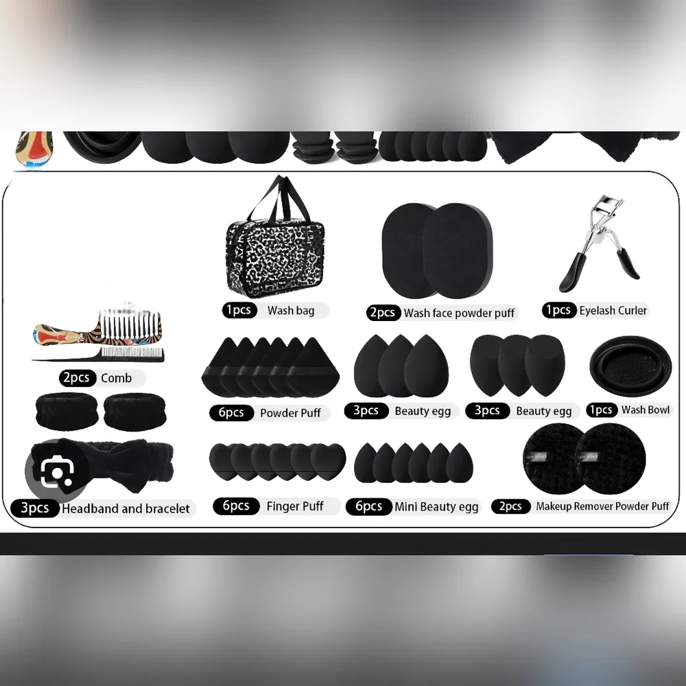 Beauty Makeup Sponge Set Assorted Sizes With Travel Bag Headband Comb Black
